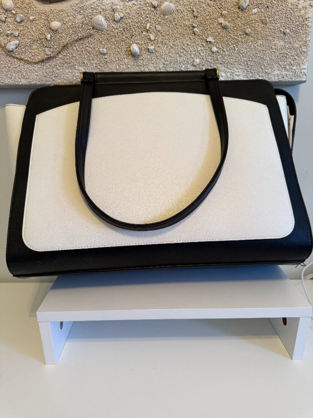 Black and Cream Structured Tote Bag with Gold Hardware